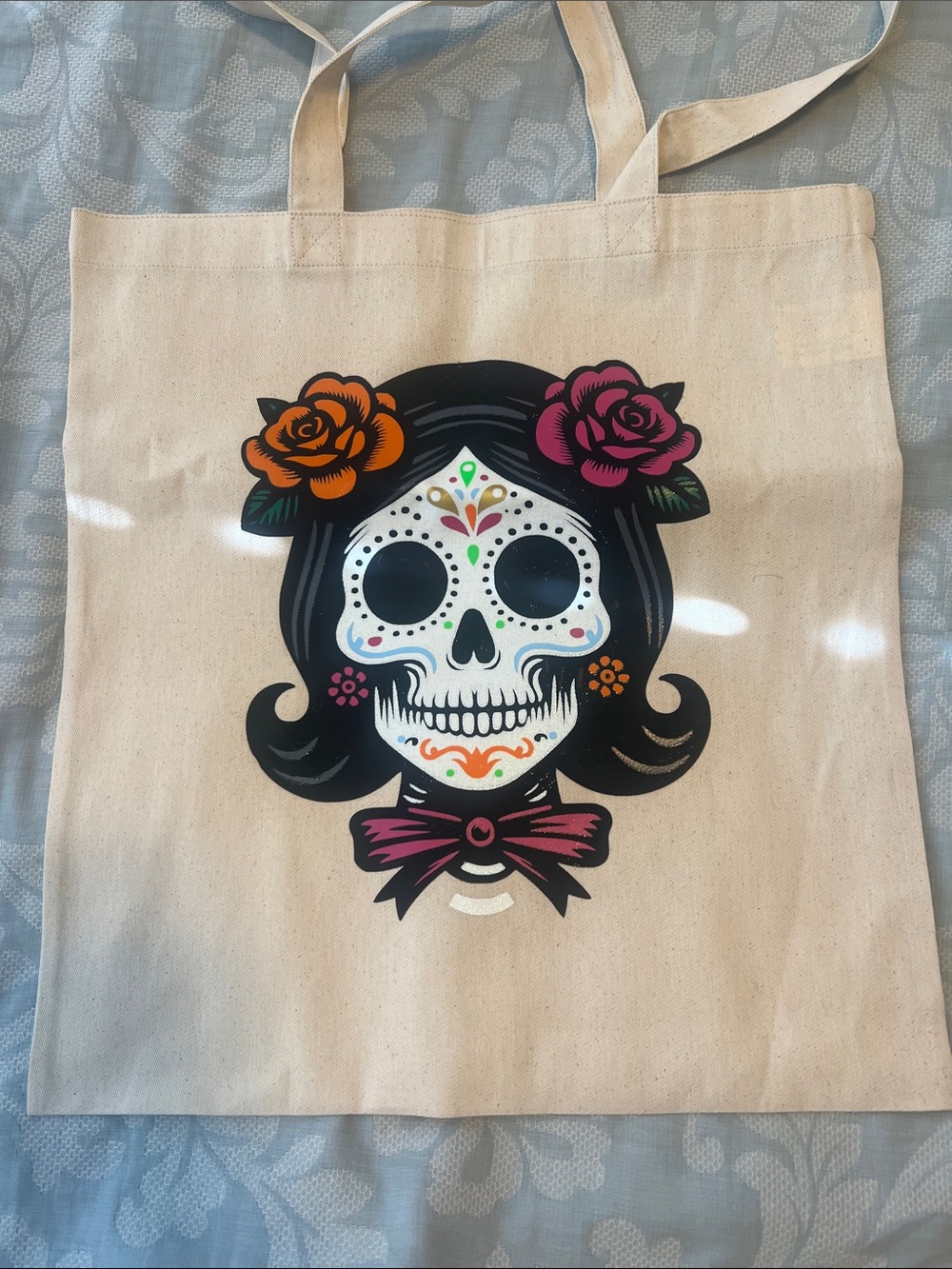 Day of the Dead Skull Tote with Floral Accents - Cream